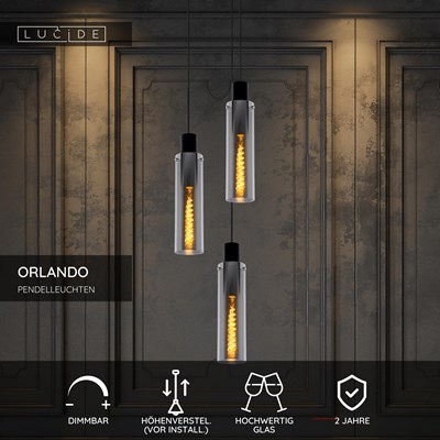 Lucide ORLANDO - Pendelleuchten - Ø 32 cm - 3xE27 - Rauchfarbe Grau